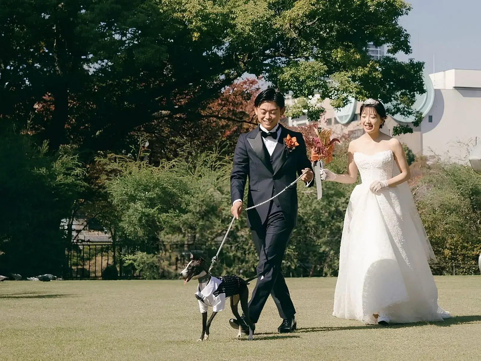 愛犬と過ごす結婚式の一場面